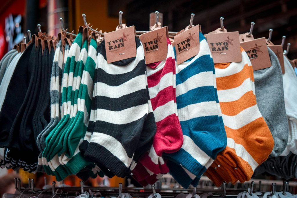 white and blue striped socks